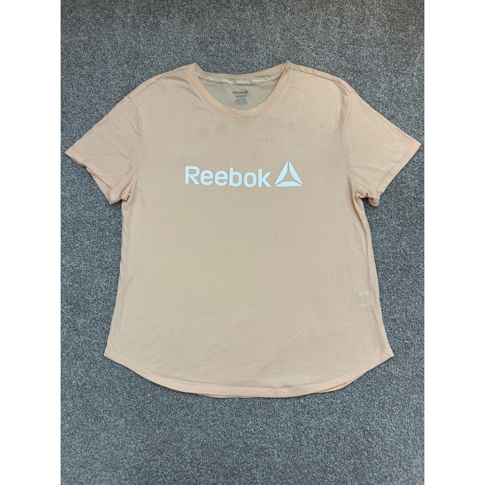Reebok Graphic Tee Womens Medium Peach Excellent Short Sleeve Curved Hem Logo